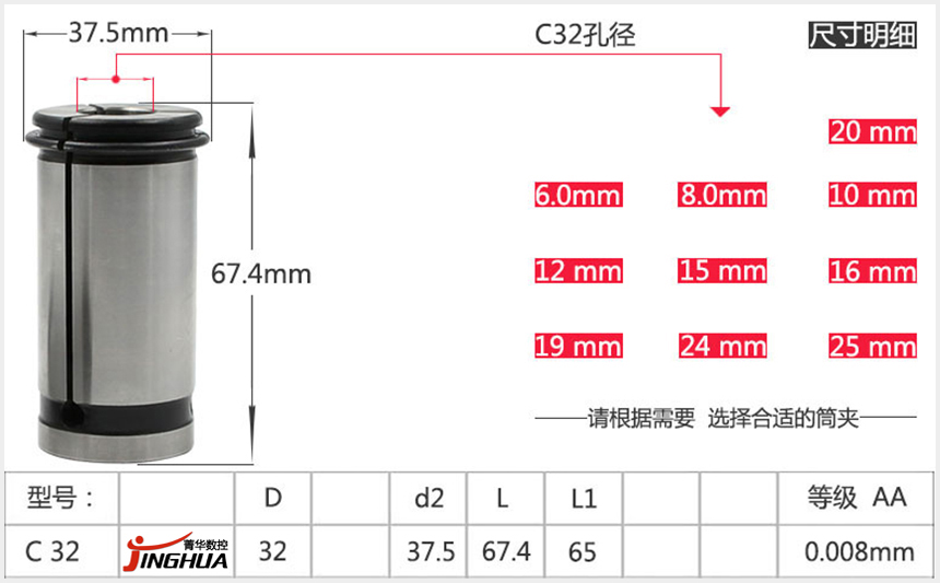强力筒夹C32规格尺寸参数表