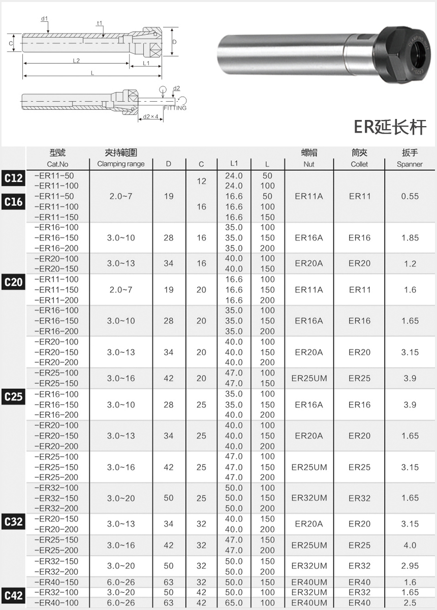 ER延长杆A型规格尺寸图