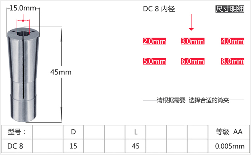 后拉筒夹dc8参数表